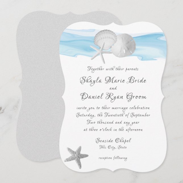 Sand Dollar and Starfish Blue Caribbean Beach Invitation (Front/Back)