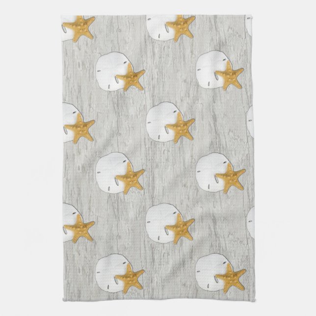 Sand Dollar and Starfish on Driftwood Hand Towel (Vertical)