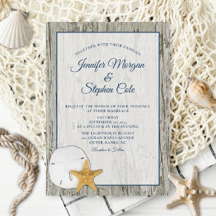 Sand Dollar and Starfish Rustic Driftwood Wedding Invitation