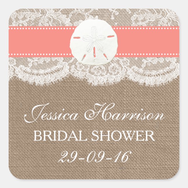 Sand Dollar Beach Bridal Shower - Coral Square Sticker (Front)