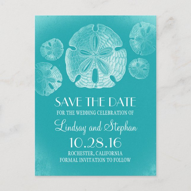 Sand Dollar Beach Turquoise Save the Date Postcard (Front)