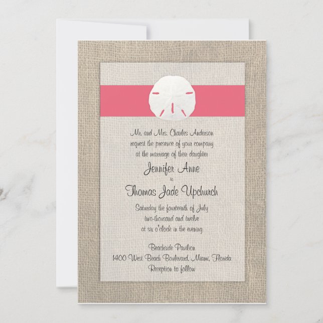 Sand Dollar Beach Wedding Invitation - Coral (Front)