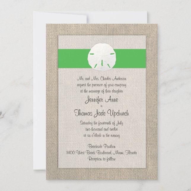 Sand Dollar Beach Wedding Invitation - Green (Front)