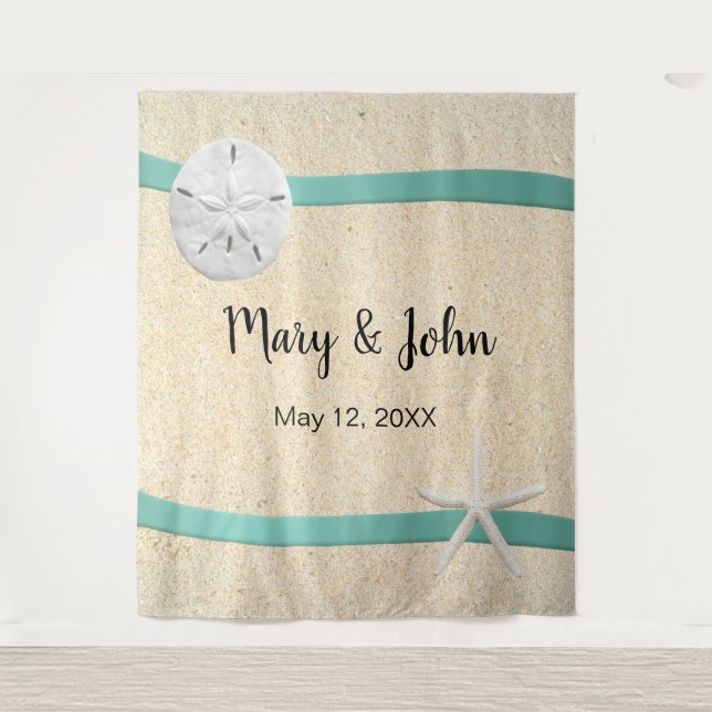 Sand Dollar Beach Wedding Photo Backdrop Tapestry (Front)