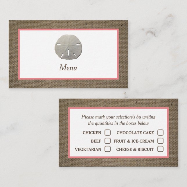Sand Dollar & Burlap Menu Selection Card (Front/Back)