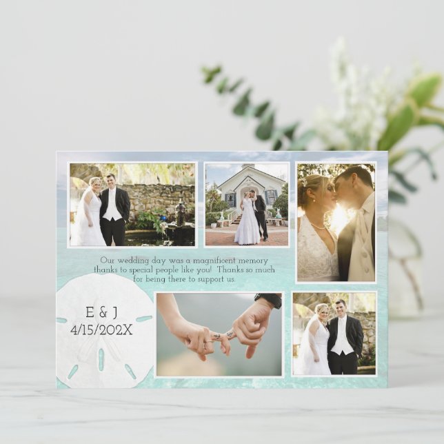 Sand Dollar Five Photos Wedding Thank You Card (Standing Front)