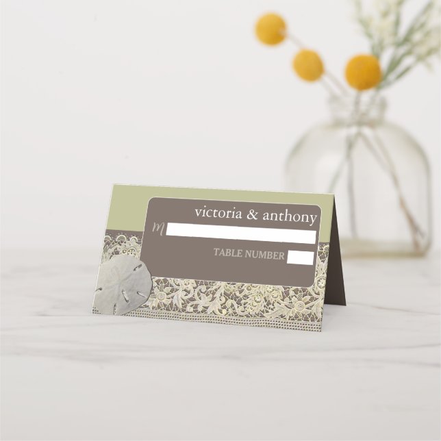 Sand dollar Lace, Vintage Beach Wedding Place Card (Front)