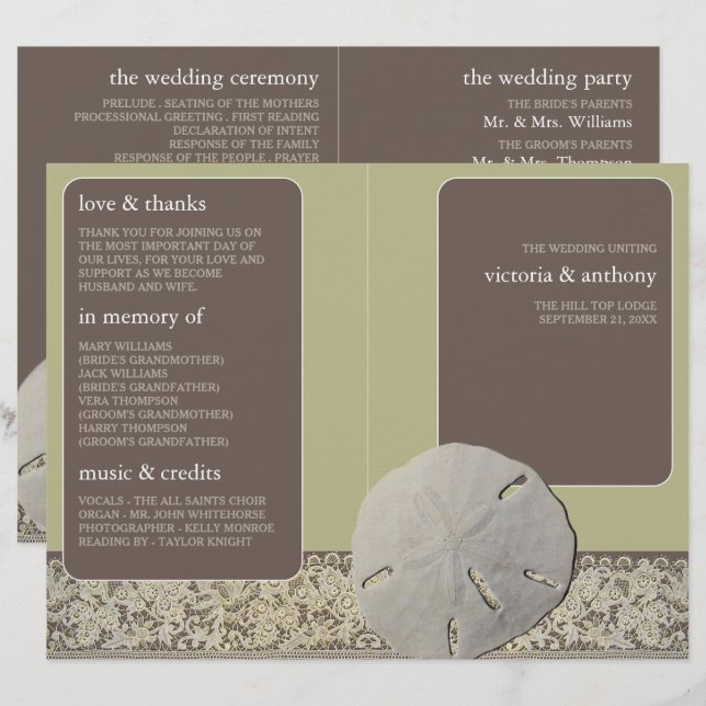 Sand dollar Lace, Vintage Beach Wedding Programme (Front/Back)