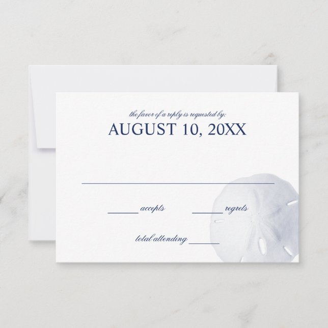 Sand Dollar Navy Blue Wedding RSVP Card (Front)