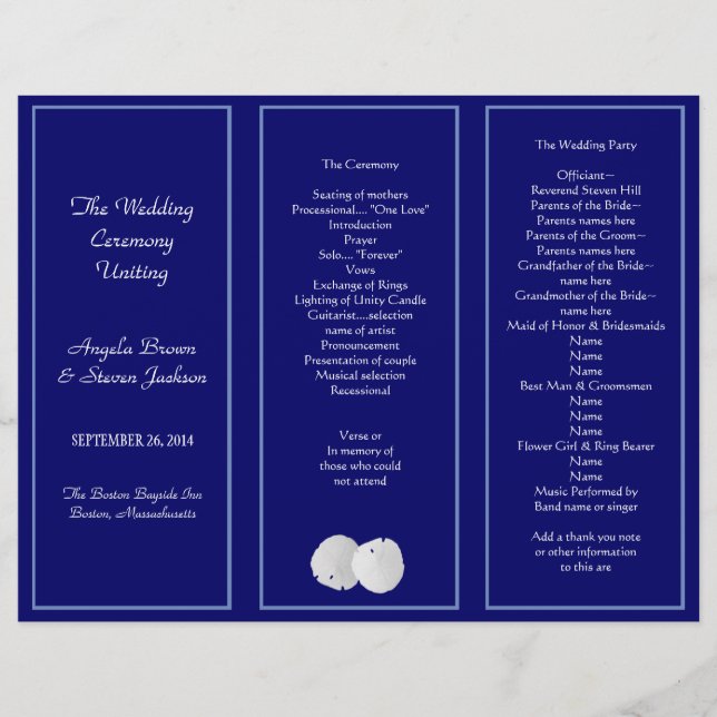 Sand Dollar Navy Tri-Fold Wedding Program Template (Front)
