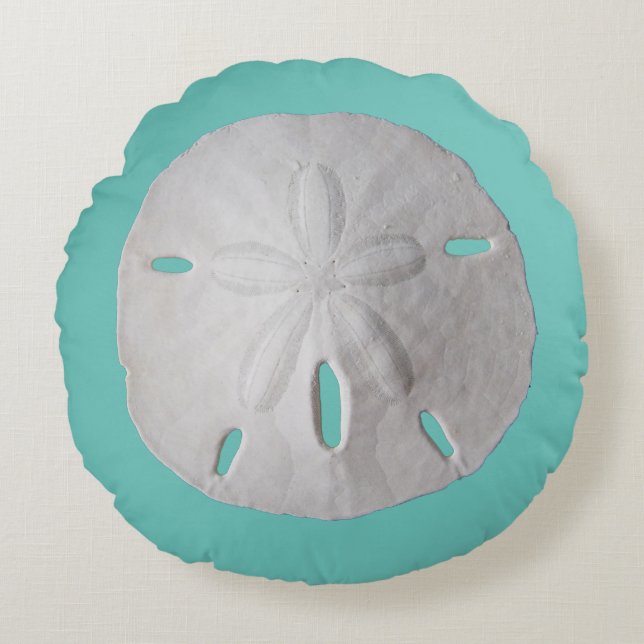 Sand dollar ocean beach turquoise white round pillow (Front)