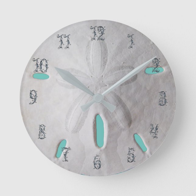 Sand dollar ocean beach white turquoise  round clock (Front)