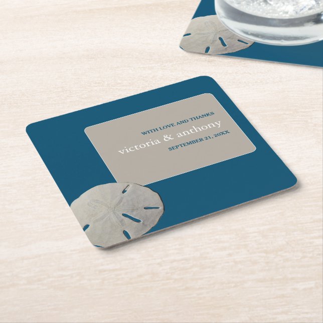 Sand dollar, Ocean Blue Beach Wedding Square Paper Coaster (Angled)
