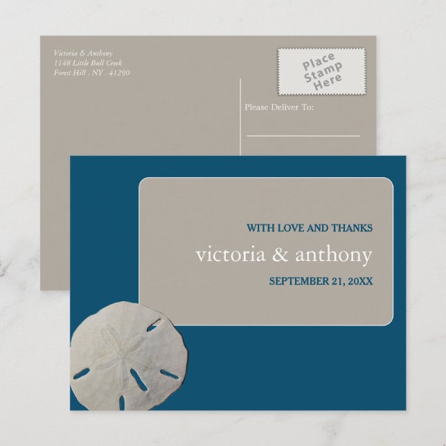 Sand dollar, Ocean Blue Beach Wedding Thank You Postcard (Front/Back)