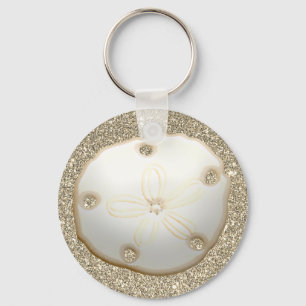 Sand dollar on sparkly gold beach sand keychain