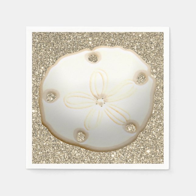 Sand dollar on sparkly gold beach sand napkin (Front)