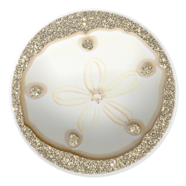 Sand dollar on sparkly gold beach sand ocean ceramic knob (Front)