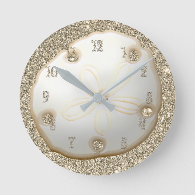 Sand dollar on sparkly gold beach sand round clock (Front)