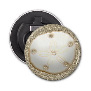 Sand dollar on sparkly gold look beach sand  bottle opener
