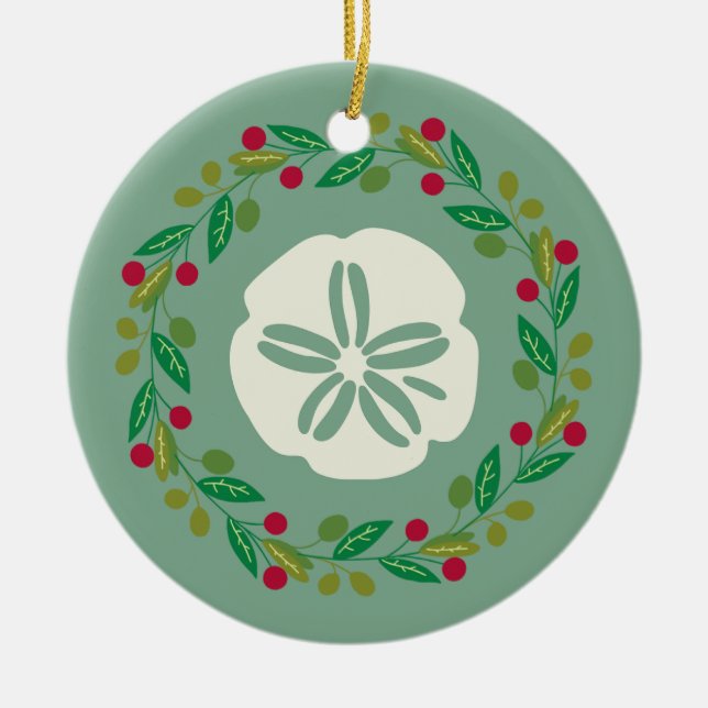 Sand Dollar Seashell Christmas Wreath Ceramic Ornament (Front)