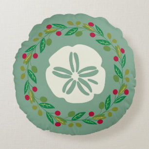 Sand Dollar Seashell Christmas Wreath Round Pillow