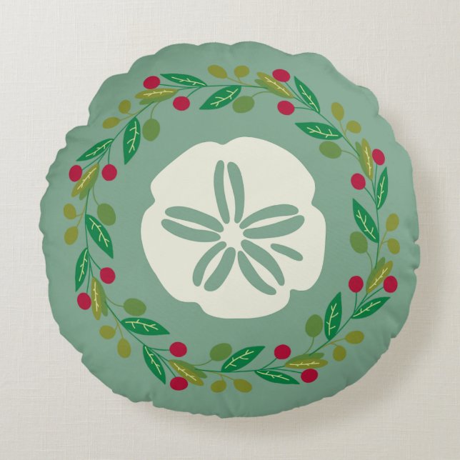 Sand Dollar Seashell Christmas Wreath Round Pillow (Front)