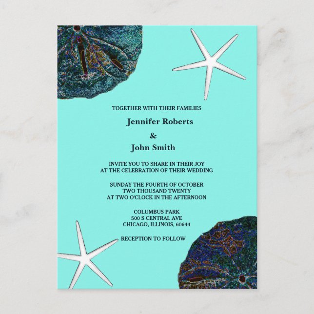 Sand Dollar Seashells Teal Abstract Beach Wedding Invitation Postcard (Front)