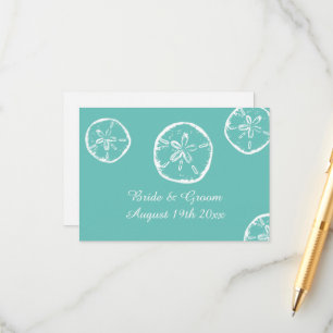 Sand dollar shell teal and white beach wedding enclosure card