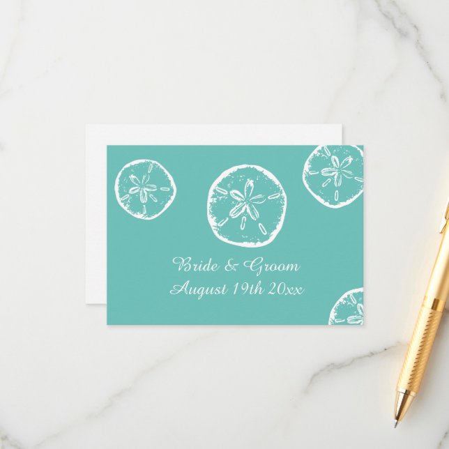 Sand dollar shell teal and white beach wedding enclosure card (Front/Back In Situ)