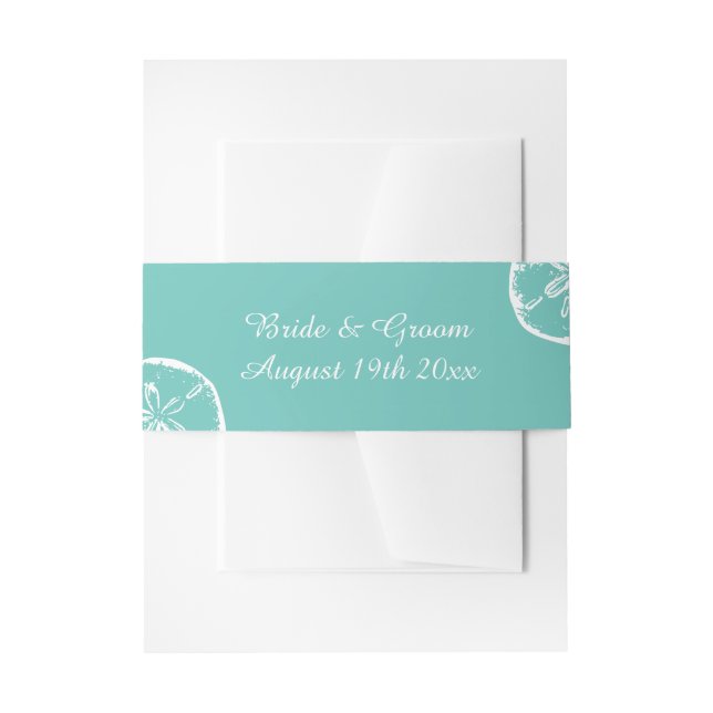 Sand dollar shell teal and white beach wedding invitation belly band (Front Example)