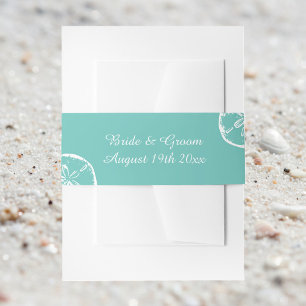 Sand dollar shell teal and white beach wedding invitation belly band