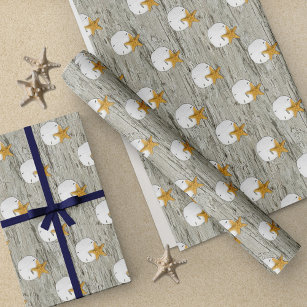 Sand Dollar Starfish Rustic Beach Driftwood Wrapping Paper