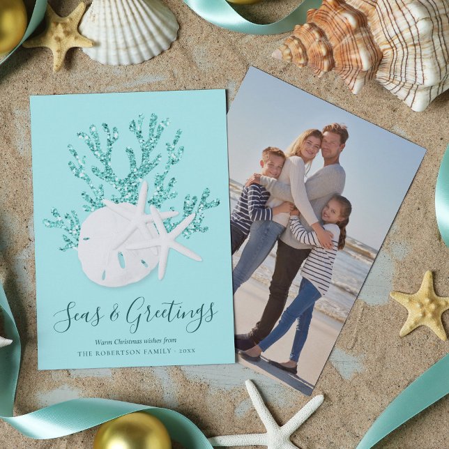 Sand Dollar Starfish Seas & Greetings Christmas Holiday Card (Creator Uploaded)
