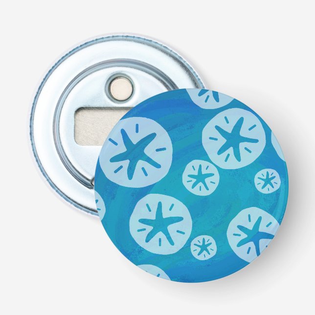 Sand Dollar White and Blue Pattern Bottle Opener (Front)