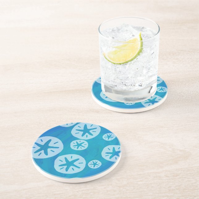 Sand Dollar White and Blue Pattern Coaster (Side)
