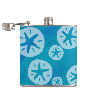 Sand Dollar White and Blue Pattern Hip Flask