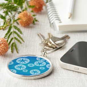 Sand Dollar White and Blue Pattern Keychain