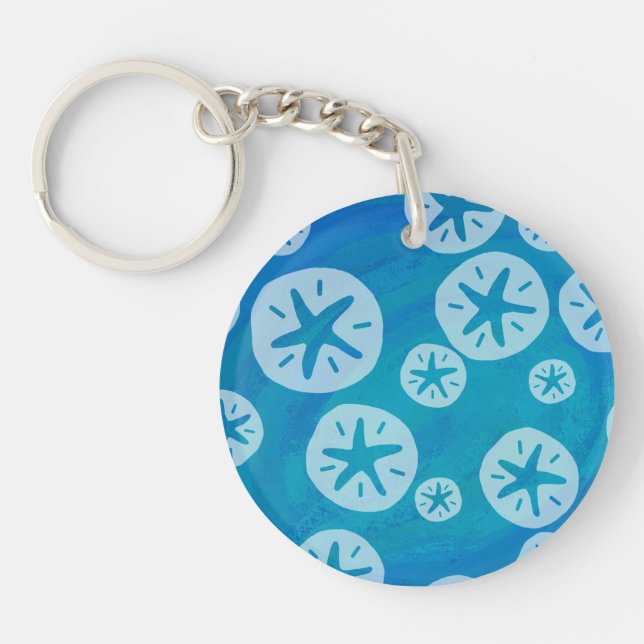 Sand Dollar White and Blue Pattern Keychain (Front)
