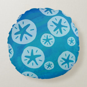 Sand Dollar White and Blue Pattern Round Pillow