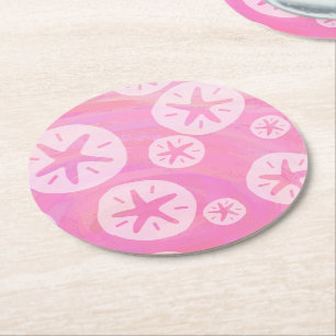 Sand Dollar White and pink Round Paper Coaster