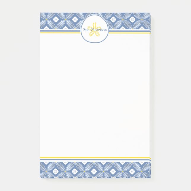 Sand Dollar with Blue & White Floral & custom name Post-it Notes (Front)