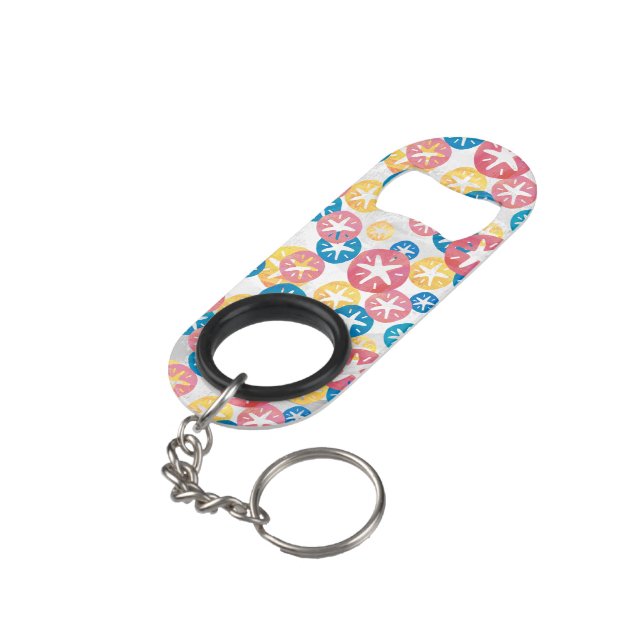 Sand Dollar Yellow Red Blue Pattern Keychain Bottle Opener (Back Angled)