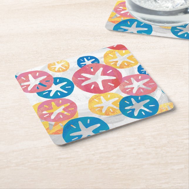 Sand Dollar Yellow Red Blue Pattern Square Paper Coaster (Angled)