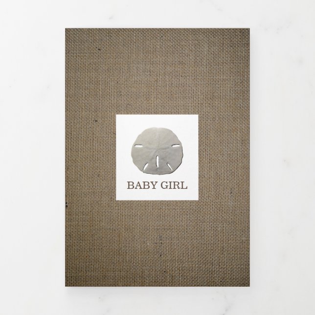 Sand Dollars & Burlap, 4 Photo Collage Baby Birth Tri-Fold Announcement (Cover)