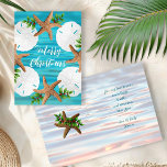 Sand Dollars Starfish Beach Christmas Folded Cards<br><div class="desc">Folded beach themed Christmas cards. Starfish and sand dollars make a pretty wreath on the front over blue water. Customize with your choice of greeting. Sample is "Merry Christmas" with more wording inside for your personal greeting and signature. A light water background covers the front and inside and text is...</div>
