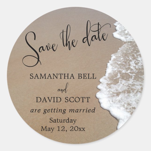 Sand & Foam Beach Photo Save the Date 1 Classic Round Sticker (Front)