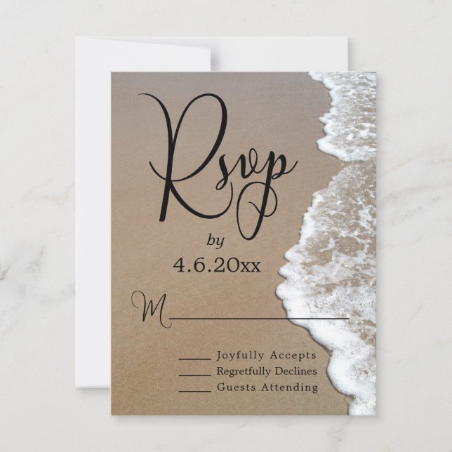 Sand & Foam Beach Photo & Typography Wedding RSVP (Front)