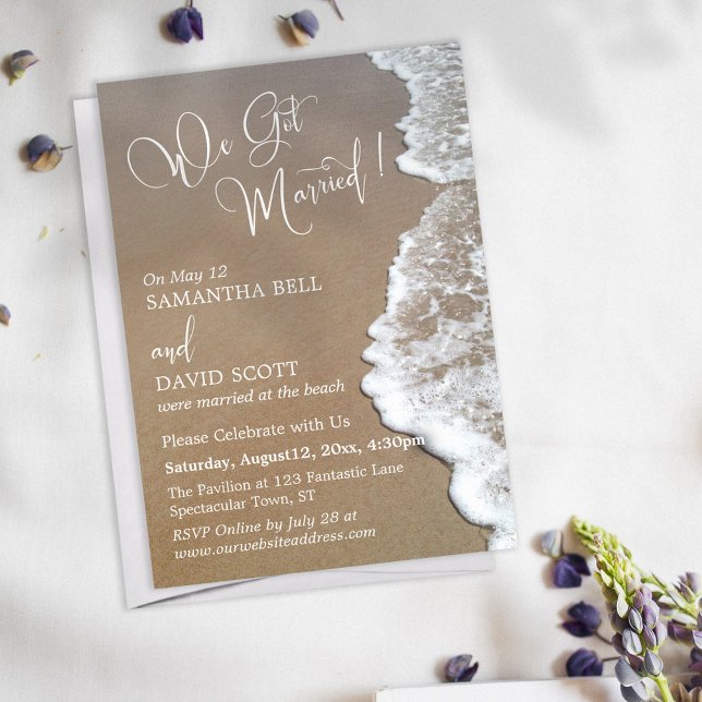 Sand & Foam Beach Photo, We Got Married in White Invitation (Creator Uploaded)