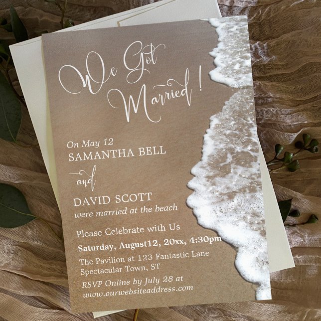 Sand & Foam Beach Photo, We Got Married White Text Invitation (Creator Uploaded)