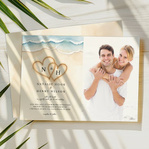 Sand Hearts Beach Mariage Photo Invitation Beige
